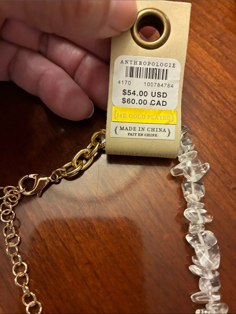 ANTHROPOLOGIE Clear Crystal Rock & Gold Chain Necklace. 14K  Gold Plated. NWT